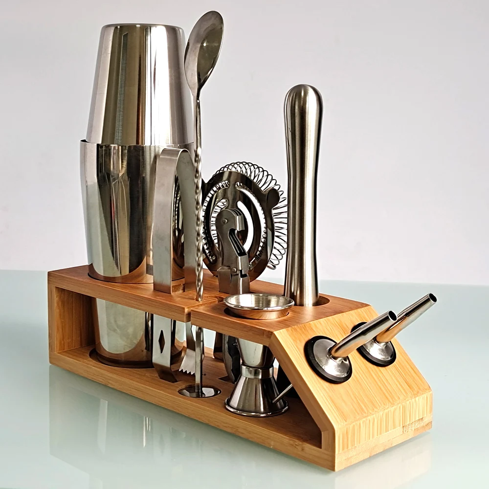 Kit de barman, juego de coctelera, soporte trapezoidal de bamb&uacute;, para bebidas mezcladas, juego de herramientas para el hogar de Bar, Martini, acero inoxidable, 10 piezas-3