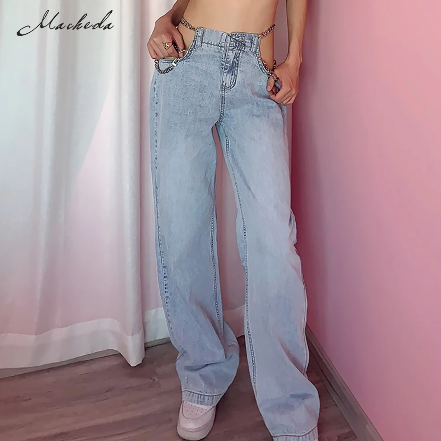 

Macheda Fashion Hollow Out Cotton Jeans Women High Waist Blue Streetwear Casual Straight Pants Lady Harajuku Trousers 2020 New