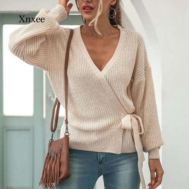 

Женский свитер, джемпер, Модный повседневный вязаный свитер на бретельках с V-образным вырезом, пуловер, короткий свитер для женщин, одежда н...