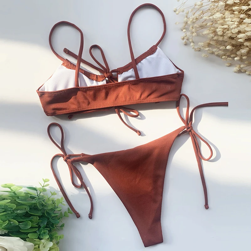 

Rivertrip Ribbed Bikinis Sexy Women's Swimsuits 2021 Push Up Swimwear Drawstring Biquini Cut Out Bathing Suits String Bow Bikini
