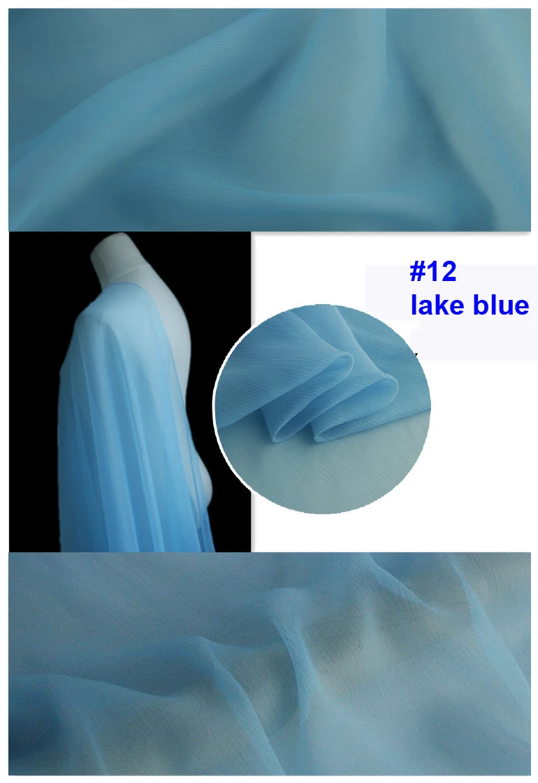 12 lake blue Гладкокрашеный чистый шелк тутового шелкопряда шарф текстиль Crinkled шелк шифон ткани-креп - Цвет: 12 lake blue