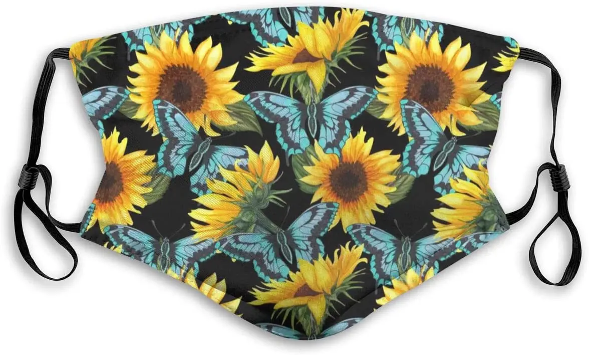 

Blooming Sunflowers And Butterflies Dust Washable Reusable Filter And Reusable Mouth Windproof Warm Face With Adjustable Ear