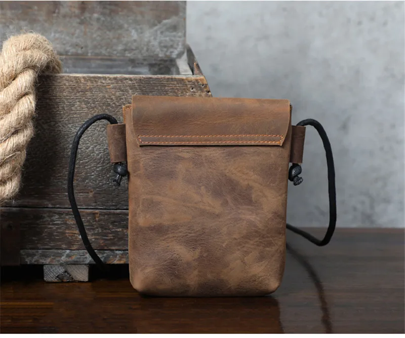 PNDME fashion vintage genuine leather men small phone shoulder bag outdoor leisure light crazy horse cowhide mini messenger bag