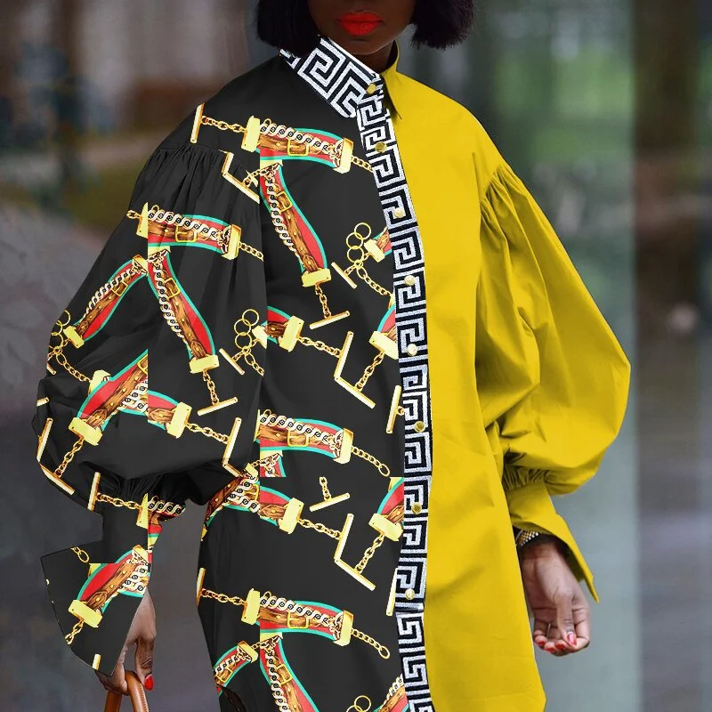 Женское платье-рубашка с рукавами-фонариками Повседневная Свободная длинная