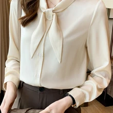Office Ladies Spring Autumn Casual Satin Long Sleeve White Tops Women Fashion Elegant Solid Blouse F