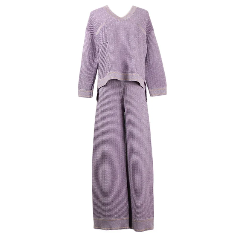2019 осенний Новый вязаный костюм женский модный простой Одноцветный v образный