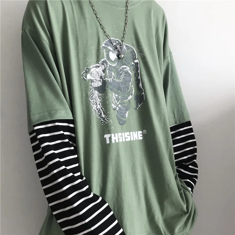 Lychee Girls Astronaut Women T Shirt Top Tee Stripe Fake 2 Pieces Women T-shirts Top Tees Patchwork Crew Neck Women T Shirts