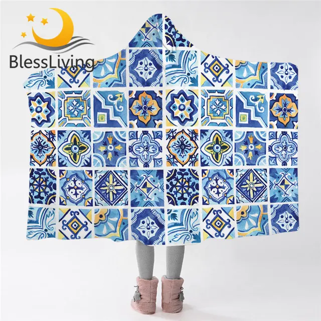 BlessLiving Watercolor Hooded Blanket Mediterranean Ceramics Blanket Hoodie Geometric Squares Soft Blanket Mandala Floral Koce 1