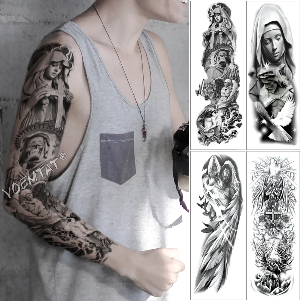 

Large Arm Sleeve Tattoo Cross Angel Hymn Waterproof Temporary Tattoo Sticker Psalm Wing Saint Men Full Skull Totem Tatoo