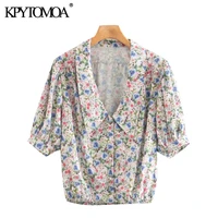 kpytomoa women 2020 sweet fashion floral print loose blouses vintage v neck elastic hem button up female shirts chic tops