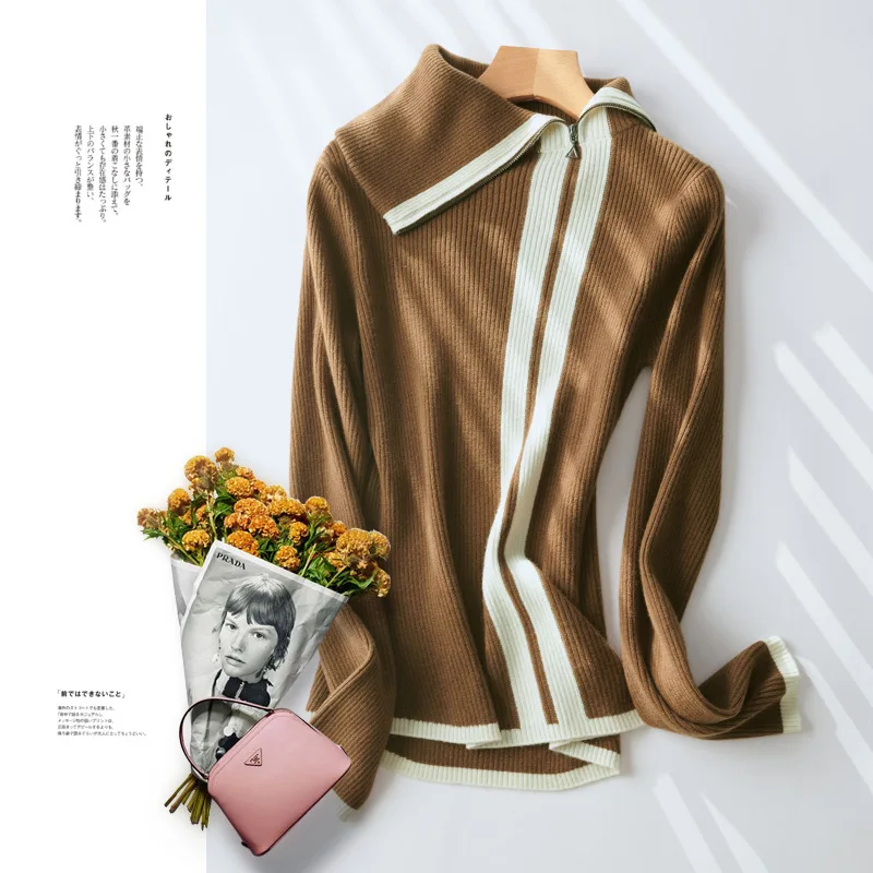 

Shuchan Design Asymmetry Wool Knit slim Sweater Pullover Autumn Winter New 2021 Zippers Striped Button Up Collar Warm Fashion