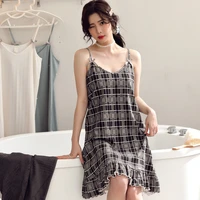 2021 new cotton nightdress womens sling simple plaid pijamas summer thin night dress girl casual home clothing suit