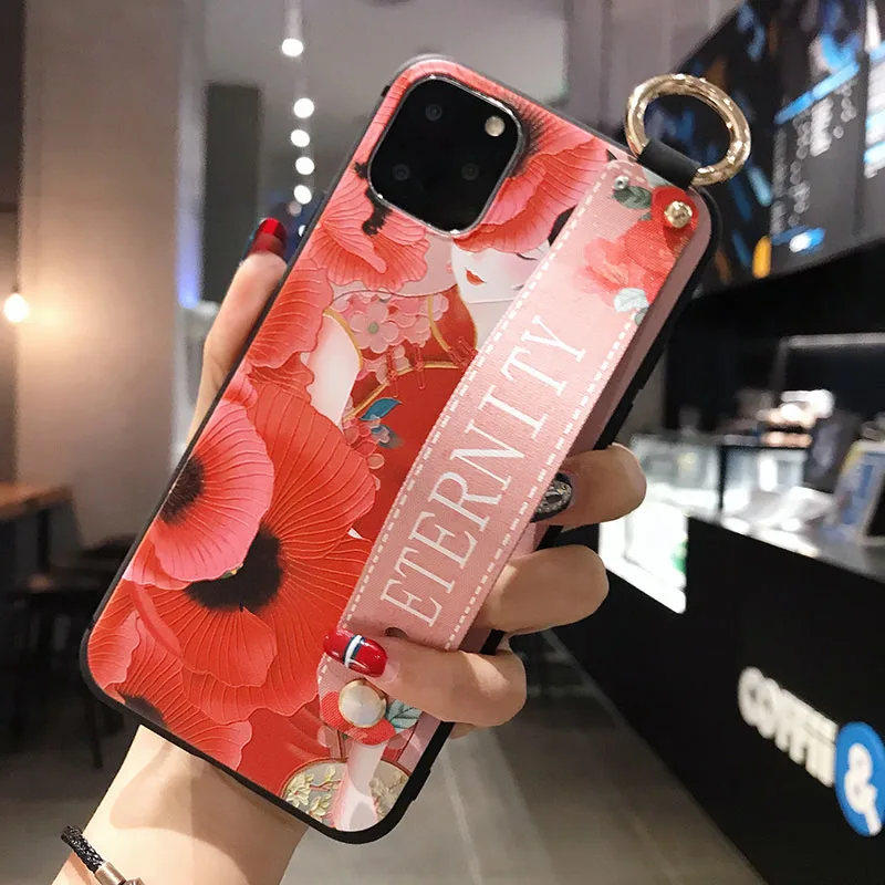 Коричневый Матовый чехол с 3D рельефным цветком для samsung Galaxy S10e S9 S8 S10 Plus Note 8 9, ремешок на руку, мягкий чехол, роскошный чехол с подставкой - Цвет: Коричневый