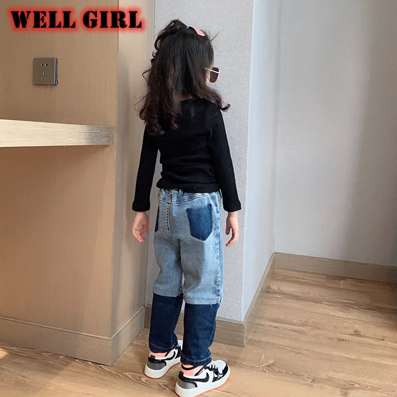 

boys and girls jeans pants kids children toddler straight denim pants trousers capris patchwork streetwear Korean 3 to 12 yrs