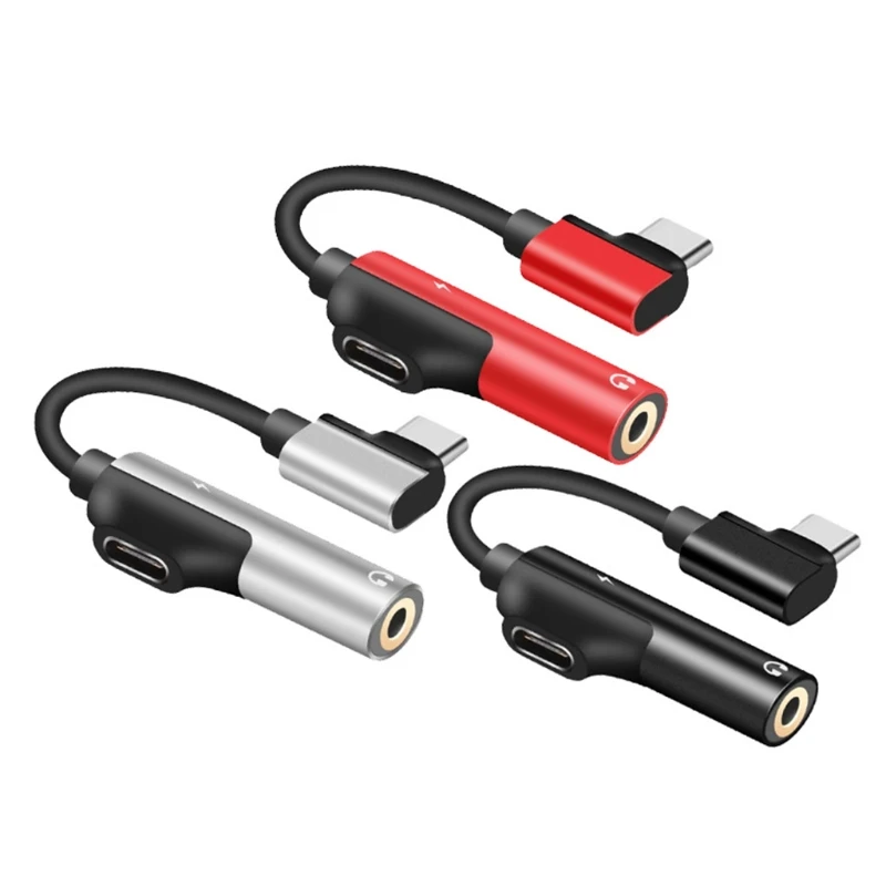 

Fast Transmission Elbow Type-C to 3.5mm Headphone One-in-two Adapter Cable More Convenient Black/Red/ Silver