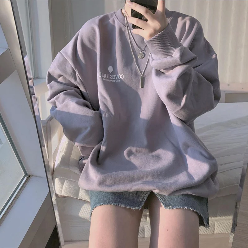 

ZOGAA Hoodies Women Simple Letter Korean Long Sleeve Spring Thin Chic Purple Harajuku Femme Pullovers Oversized Black Streetwear