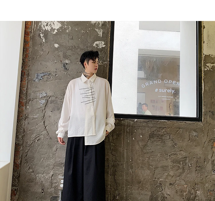 Men Long Sleeve Embroidery Irregular Casual Black White Shirt Male Streetwear Hip Hop Gothic Japan Dress Shirt