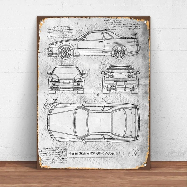 

Винтажный ретро-стиль Nissan Skyline R34 GT-R V-Spec (1999) Автомобильный металлический жестяной знак металлический знак Настенный декор модный художеств...