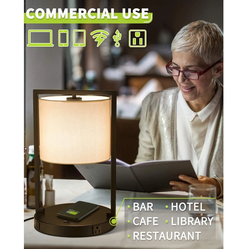 

Modern Nightstand Cloth Table Desk Lamp with E26 Bulb Wireless Charging USB Port,Bedside Night Light for Bedroom,US Plug