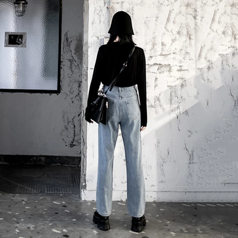 

[EAM] Blue Contrast Color Spliced Denim High Waist Trousers New Loose Fit Pants Women Fashion Tide Spring Autumn 2021 1DD4123