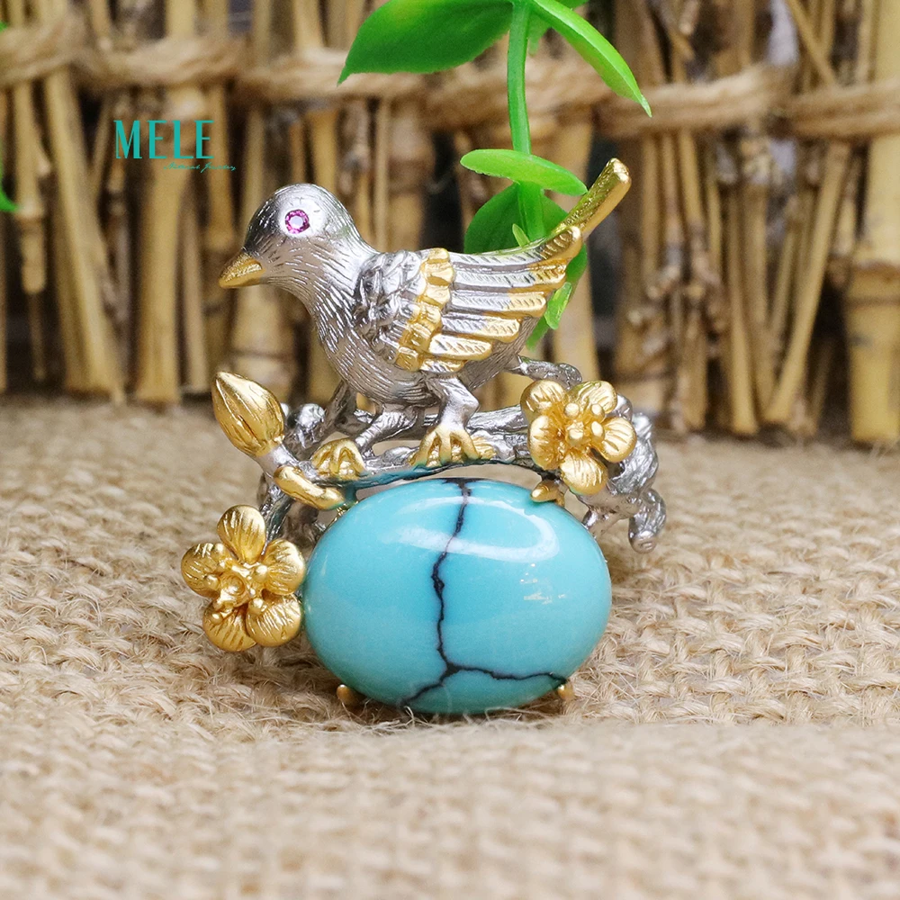 

Natural Turquoise Lovely Little bird Flower 925 silver Ring
