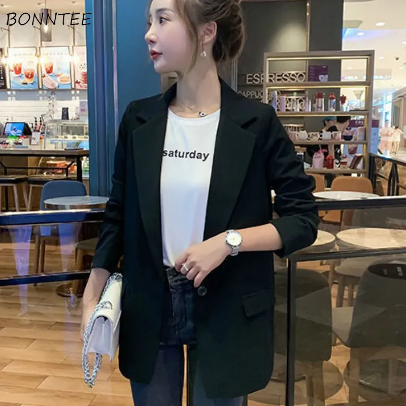 

Long Sleeve Blazers Women New Slim Chic Black Korean Style Casual All-match Simple Ladies Outerwear Daily Stylish Popular Ins