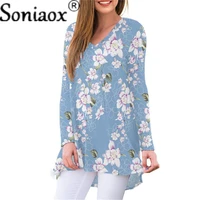 2021 womens autumn and winter new fashion v neck flower print long sleeve casual loose t shirt streetwear tees tops