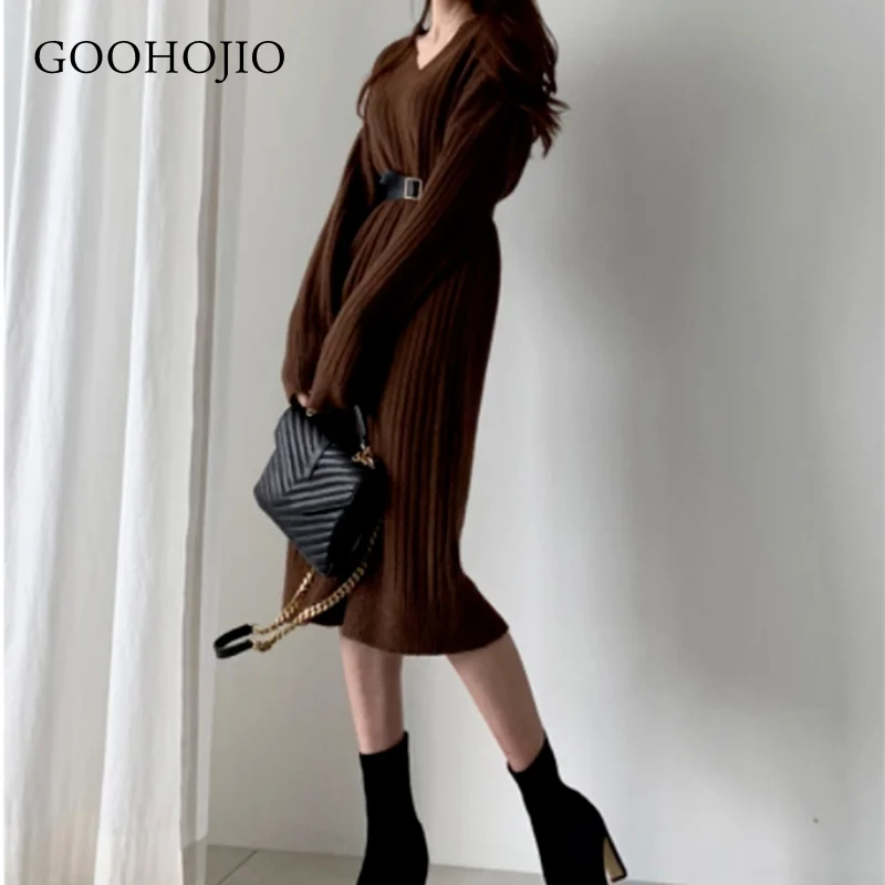 

GOOHOJIO 2021 New Spring and Autumn Temperament Knitting Dress Women All-match Fashionable Women Dresses V-neck Dress for Women