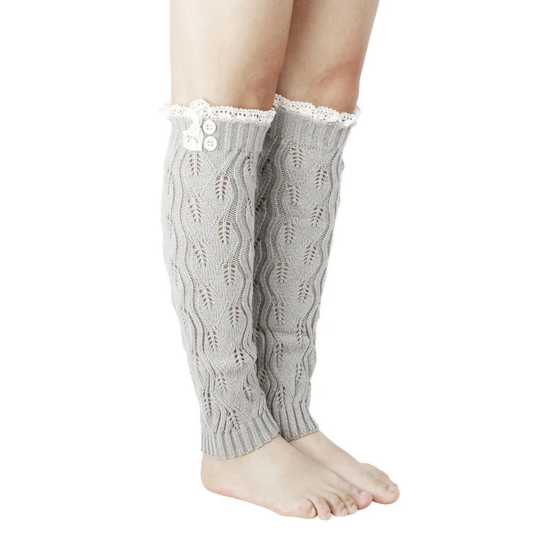 

Women Stocking Solid Color Knee High Fashion Knitted Winter Warm Foot Socks Ladies Thick Woolen Button Lace Leaf Socks