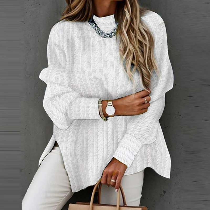

Fashion Loose Long Sleeve Pullovers Women Solid Color O-Neck Sweater With Slit Hem Autumn Winter Knit Warm Stripe Pattern Jumper