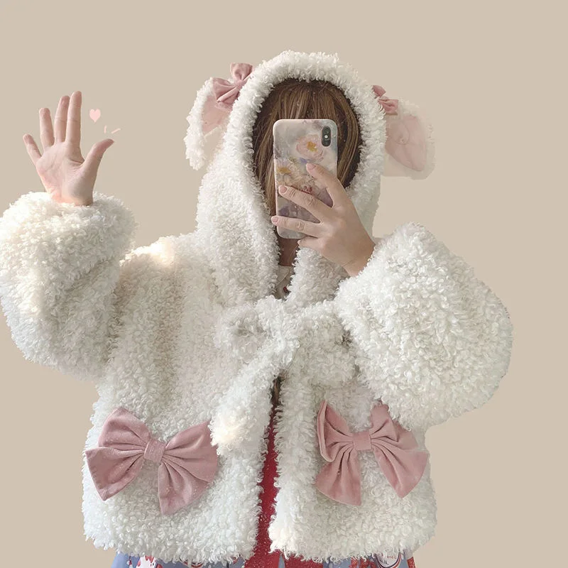 Autumn Winter Japanese Girly Sweet Lolita Coats Cute Warm Soft Plush Rabbit Ear Moving Hooded Short Jackets Women Kawaii Outwear