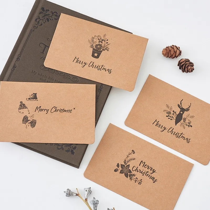 

4set kraft paper Christmas greeting card Art RETRO envelope card Christmas hat elk wreath 12.8*8.4CM