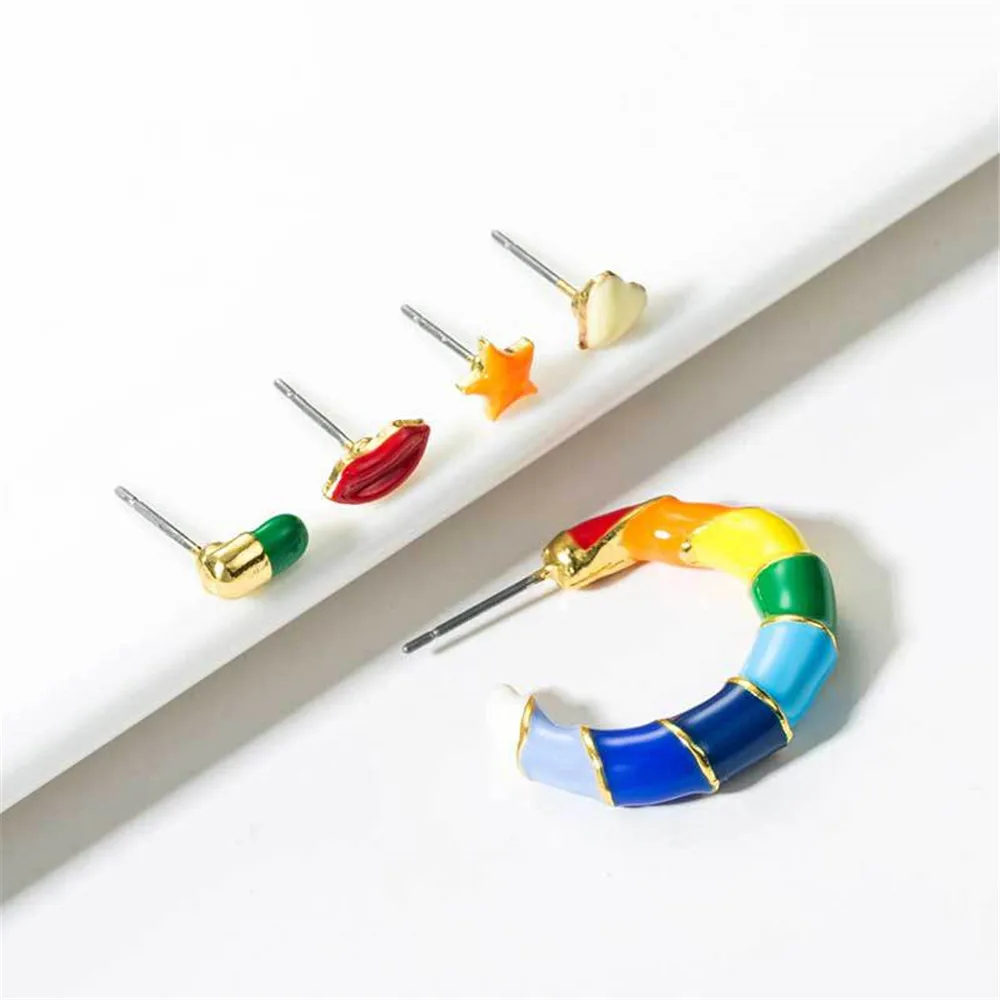 MLING винтажные красочные серьги из сплава Модные круглые звезды сердце таблетки губ Комплект сережек для женщин Девушка