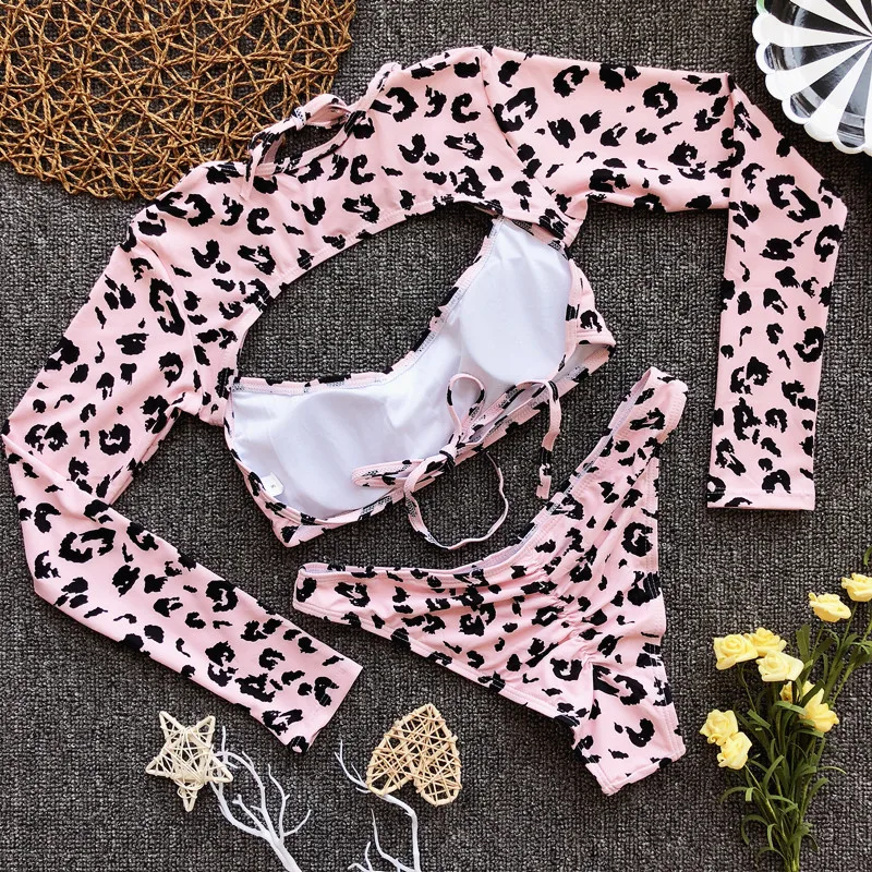 

2021 Long sleeve Neon Green Leopard bikini women swimsuit bikini set sexy swimwear female Brazilian bathing suit swim beach wear
