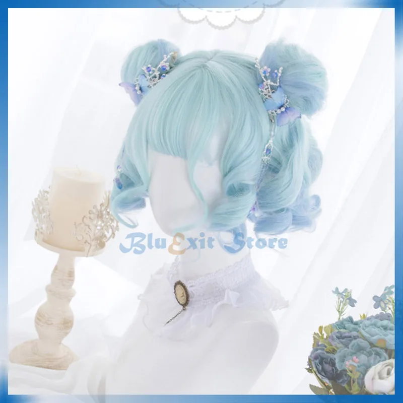 Lolita Harajuku Wig Buns Cosplay Sweet Cute Gradual Green Blue Short Curly Synthetic Hair Adult Girls Headwear |
