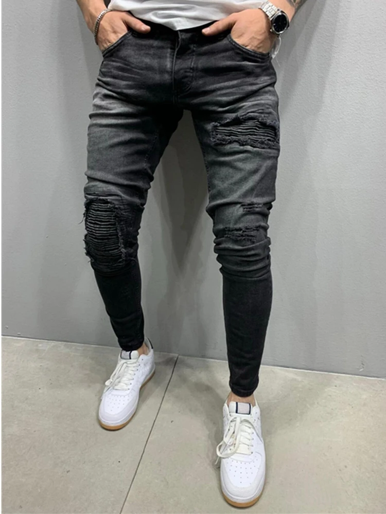 

Men Draped Striped Denim Hole Autumn Winter Vintage Wash Hip Hop Work Trousers Jeans Pants Pencil Jeans Man