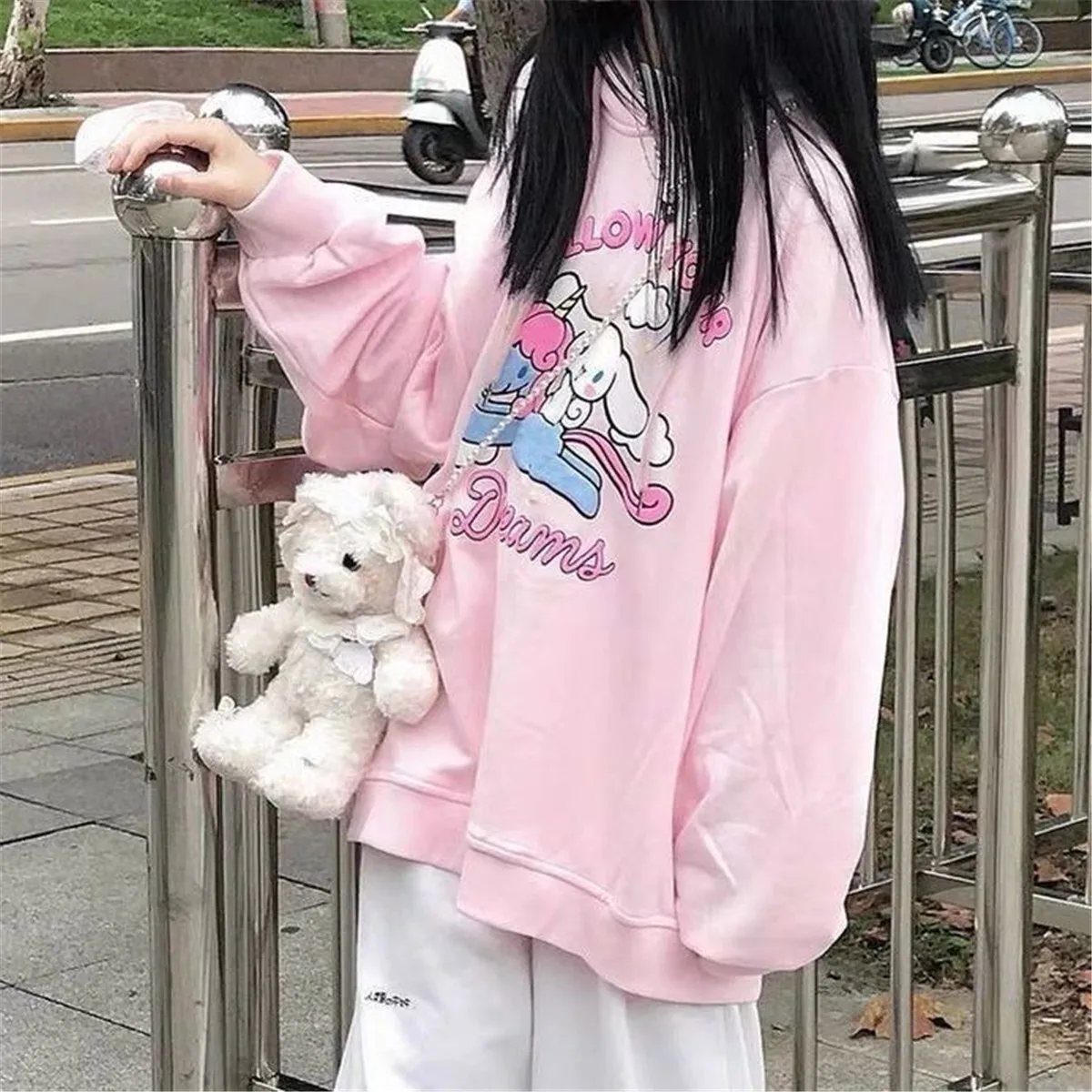 

Cute Pink Hoodie Women Japanese Gothic Tops Loose Casual Autumn Long Sleeve High Street Punk Japan High Street Hoodie Streetwear