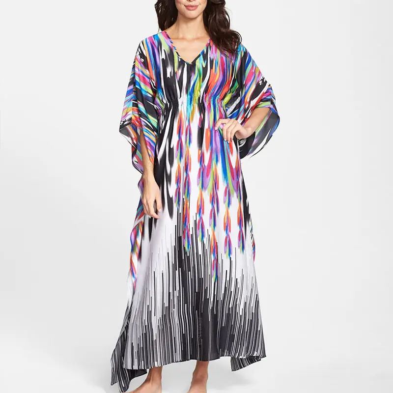 Разноцветная хлопковая туника женское летнее пляжное платье кафтан