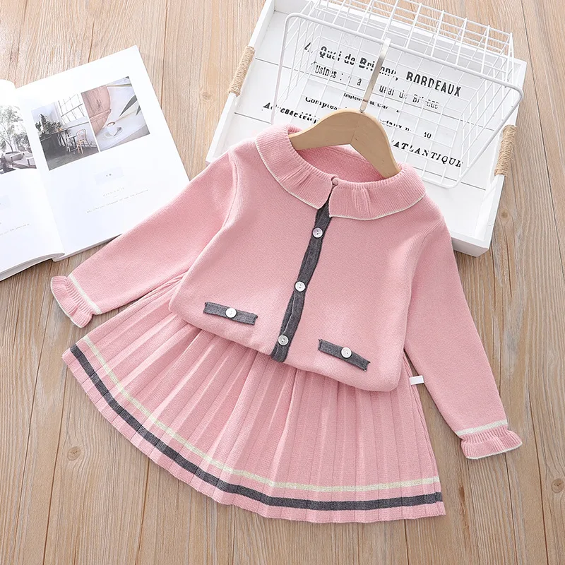 

Вязаный комплект одежды для маленьких девочек, кардиган для девочек, свитер и плиссированная юбка, костюм из 2 предметов, детская осенне-зим...