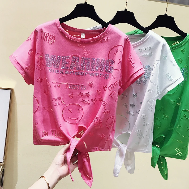 

Summer Women's Hot Drilling Online Celebrity INS New Style Crew Neck Short Sleeve T-shirt Tops Fashion