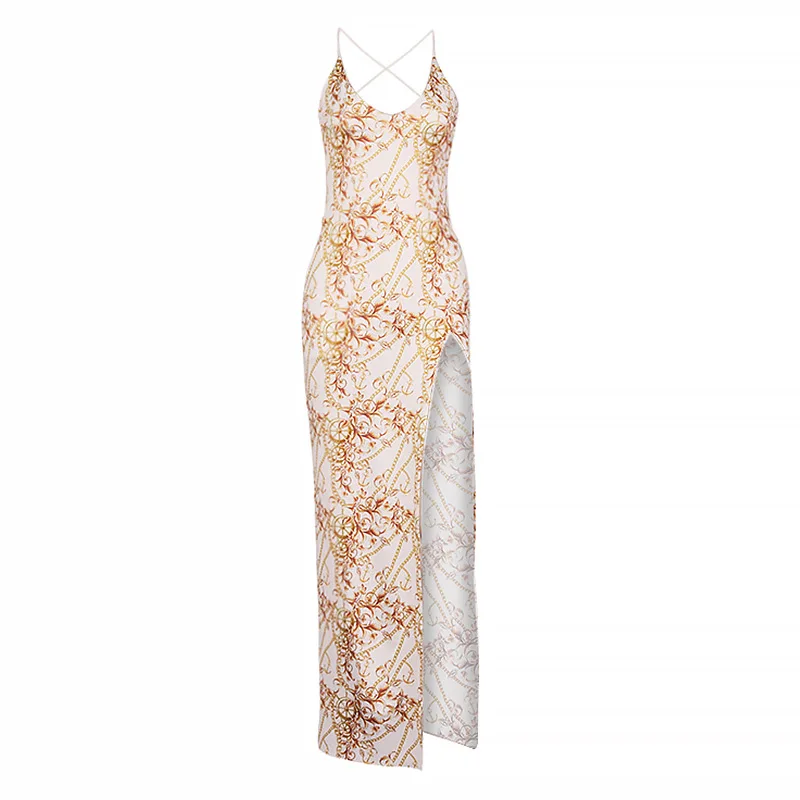 

Women's Maxi Dress Sexy Fashion Printed V-neck Backless High Slit Strap Dresses Ladies Sleeveless Ankle-Length V-Neck Vestidos
