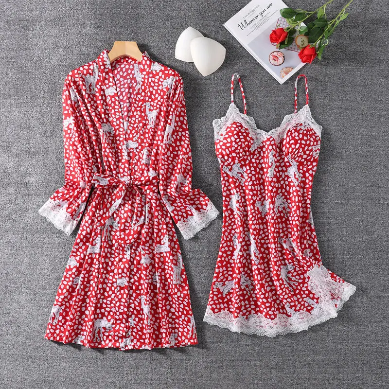 

Summer Red Nighty&Robe Set Sexy Lace 2PCS Sleepwear Women Satin Sleep Set Femme Kimono Gown Femme V-neck Home Clothing