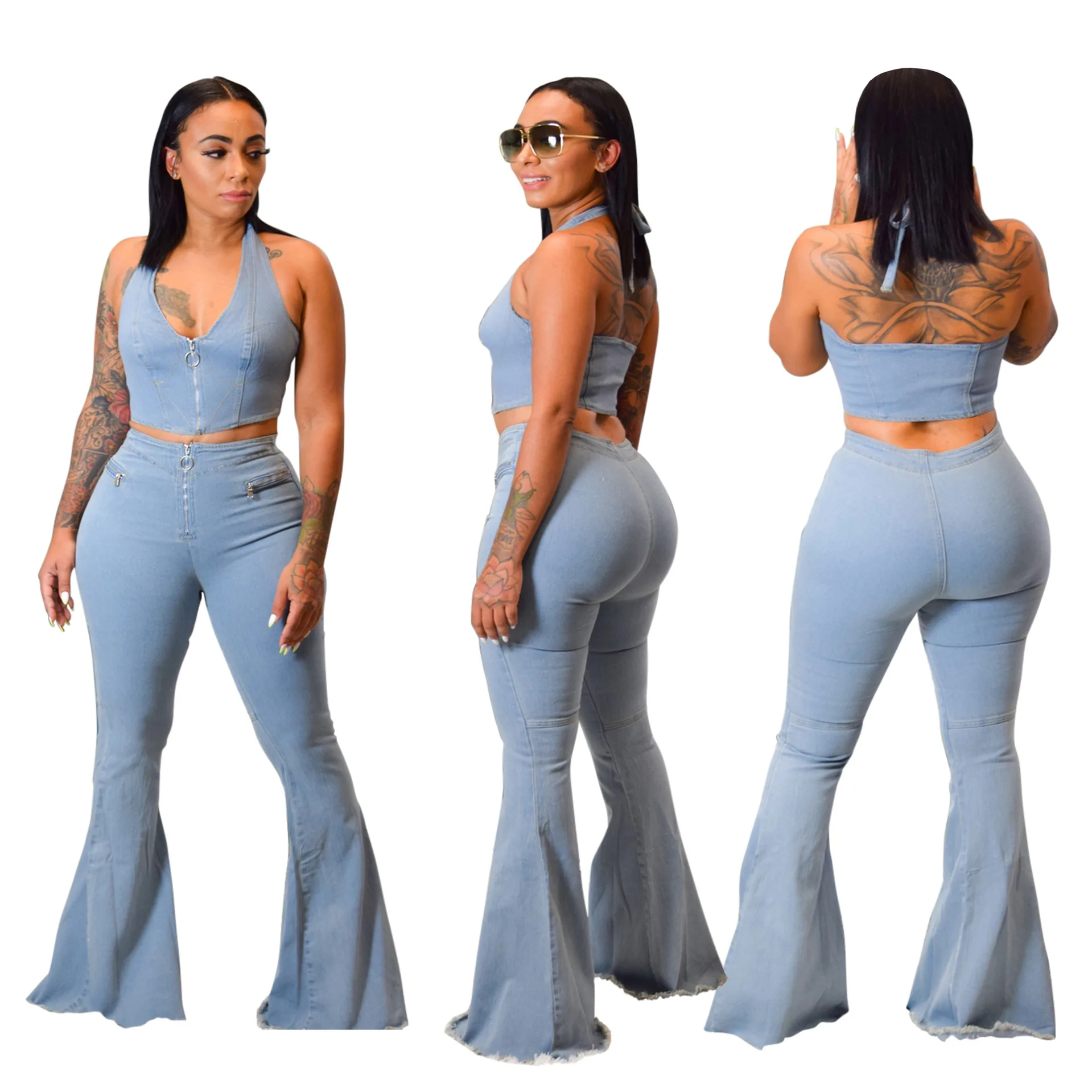 

sexy fashion washed denim blue jeans and top two piece suit