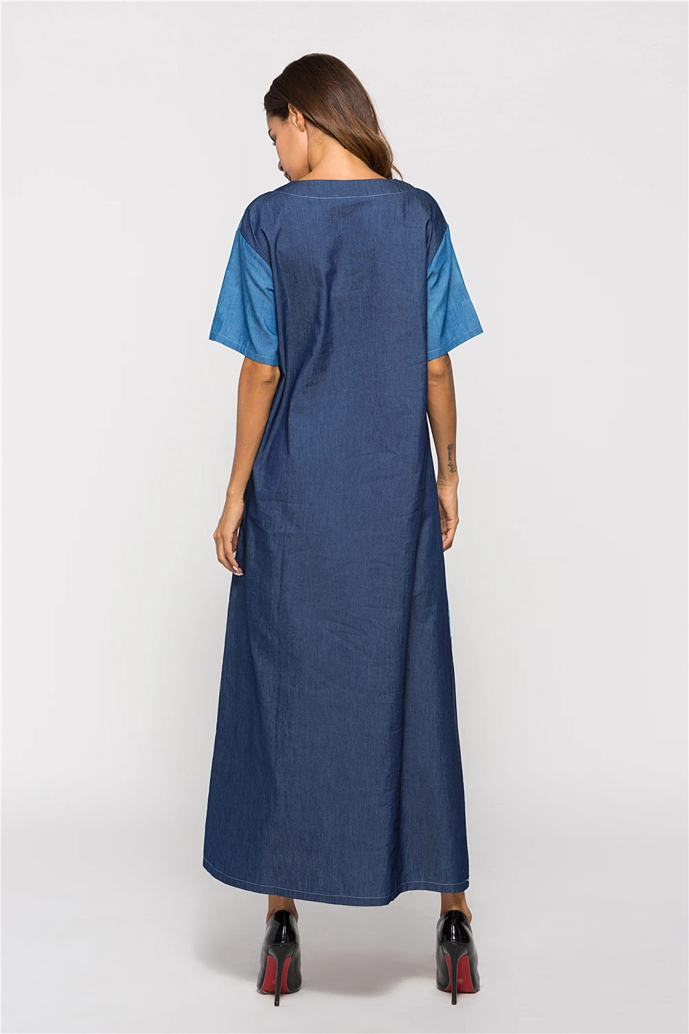 

color block patchwork design Maxi Dress for women short Sleeve ethnic denim robe Casual Abaya kaftan ramadan EID gown VKDR1965