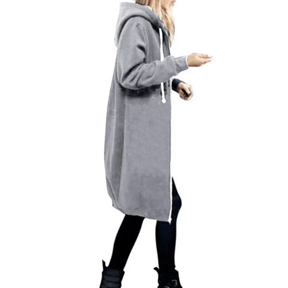 

Plus Size Solid Color Casual Thicken Hooded Women Zip Up Long Sweater Coat