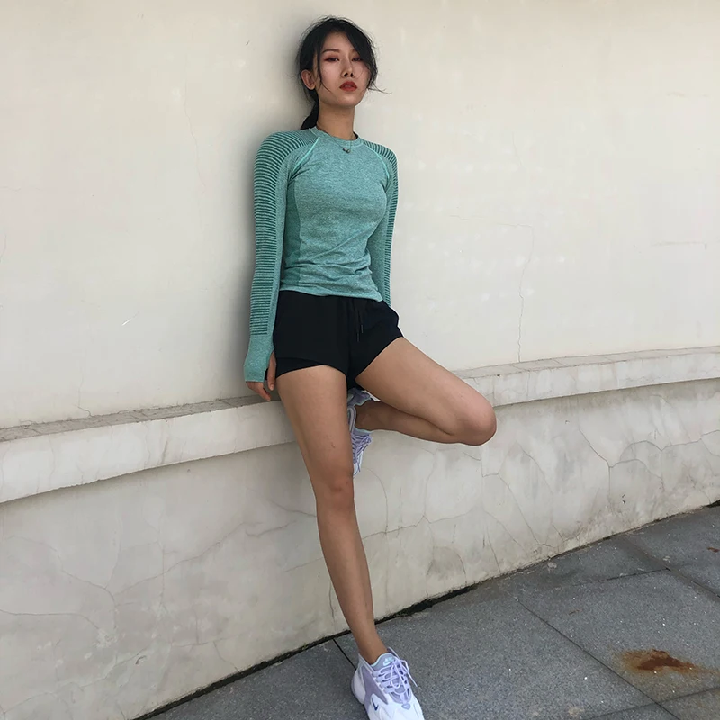 

New Women Shirts Running Sport T-Shirts Thumb Hole Seamless Long Sleeve Slim Gym Tops Workout Fitness Sports Streetwear