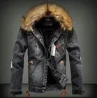 Куртка Мужская Утепленная флисовая, модная морозостойкая джинсовая куртка с большим меховым воротником, мотоциклетная куртка для зимы