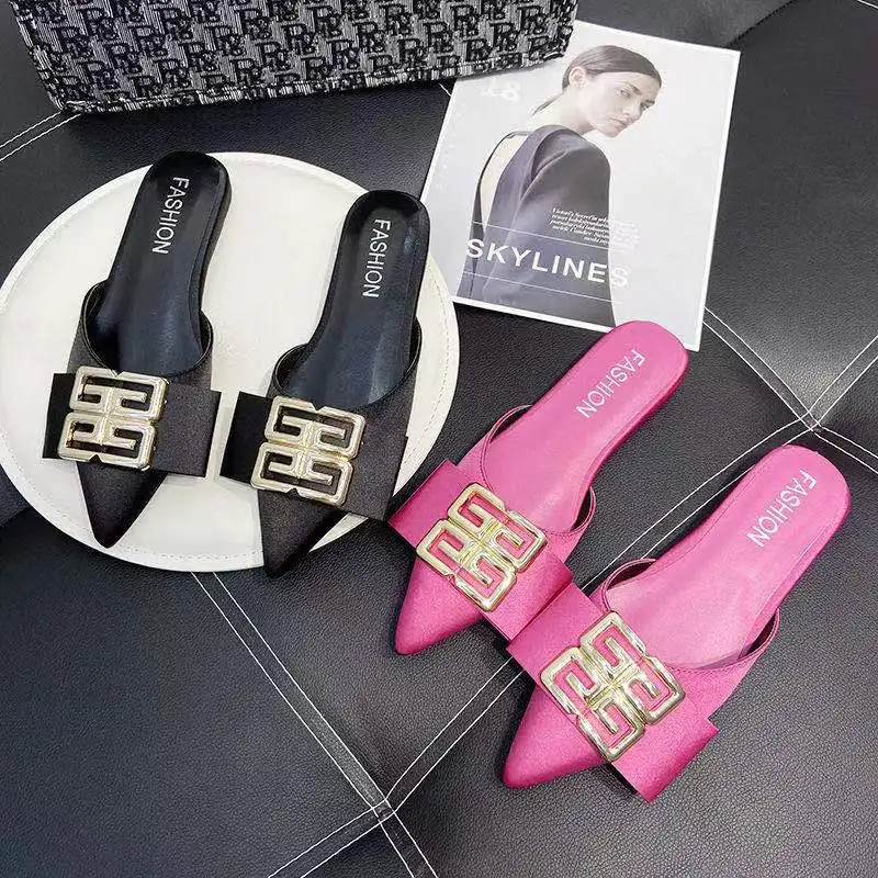 

Women's slippers for summer wear 2021 new fashion Square metal buckle sandals shoes pointed half-drag lazy shoes women shoes