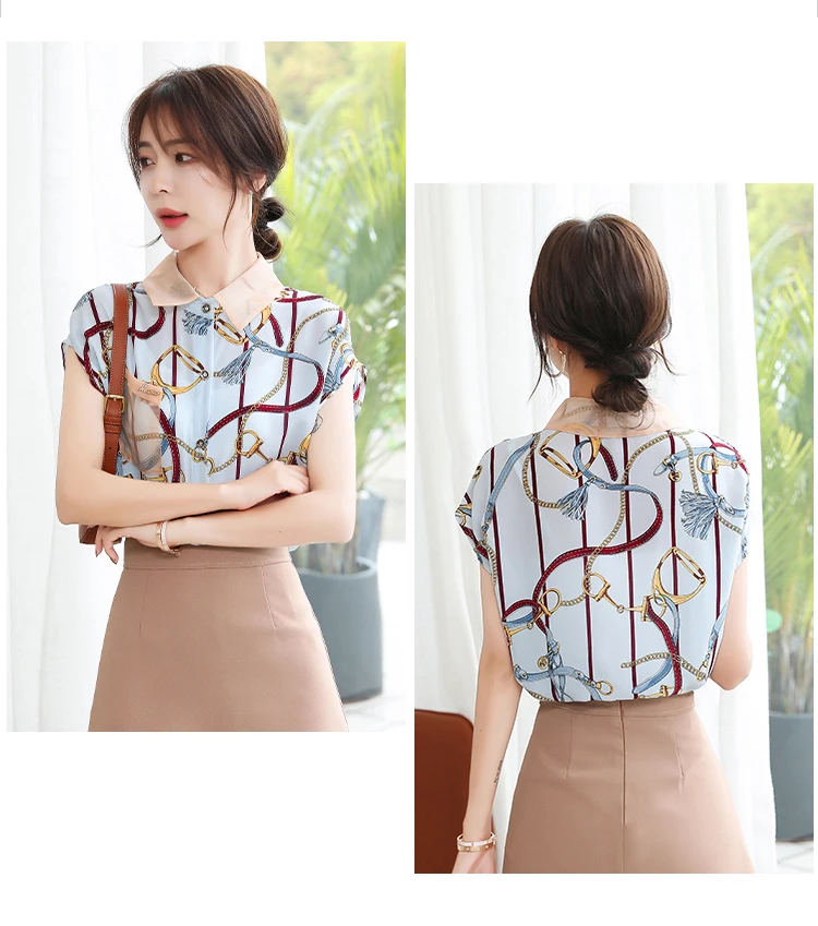 

Women's Blouse Chiffon Top Casual Fashion Tops Short Sleeve Polo Shirt Summer Floral Stitching New Shirts Plus Size 10096