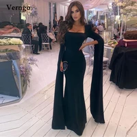 verngo simple black stretch satin mermaid evening dresses long cape sleeves fitted slim women formal occasion prom gown custom